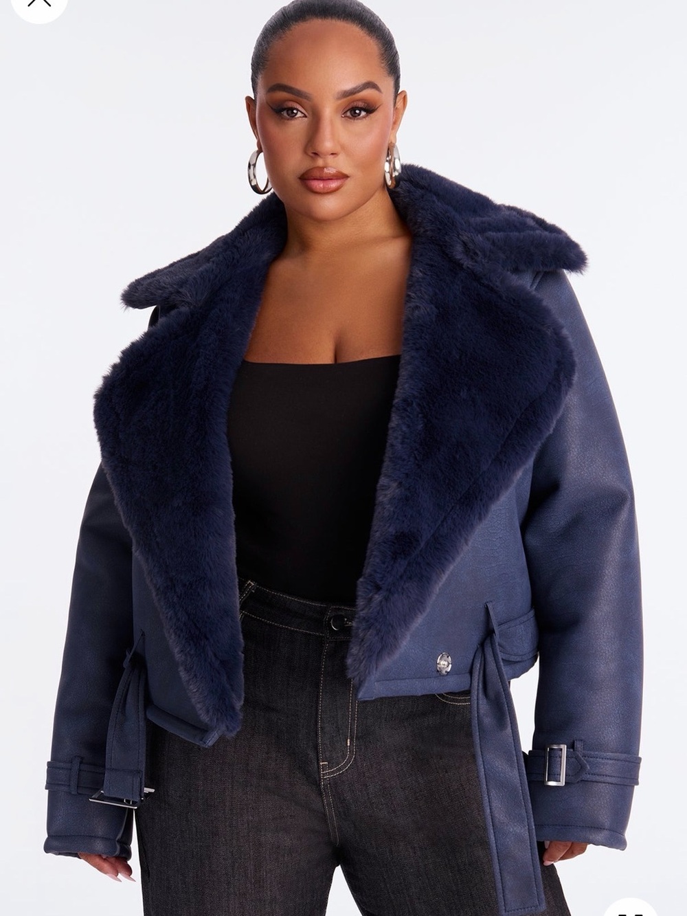 Brand New Navy Blue Faux Leather Shearling Aviator Jacket With Faux Fur Lining